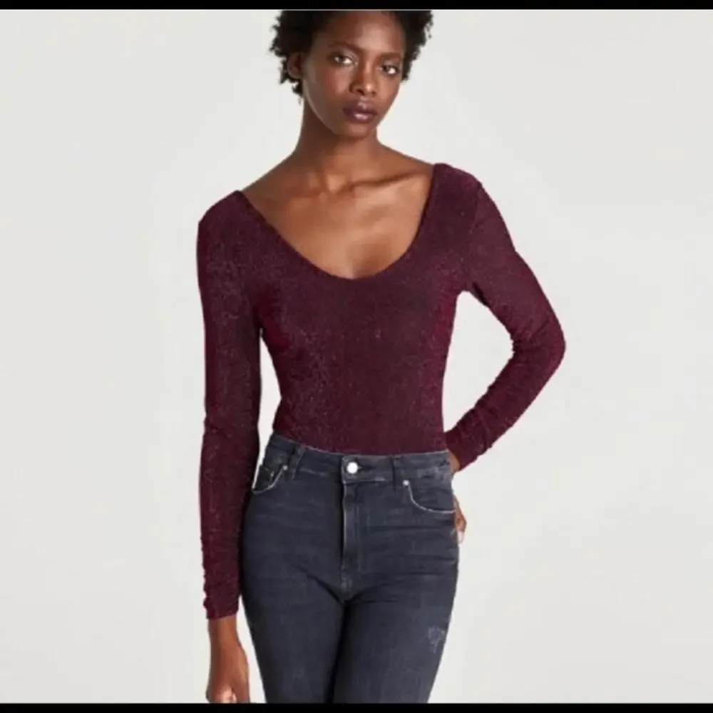 NWT Zara‎ Size S Metallic Magenta Pink Stretch Knit Sparkly Glitter Bodysuit